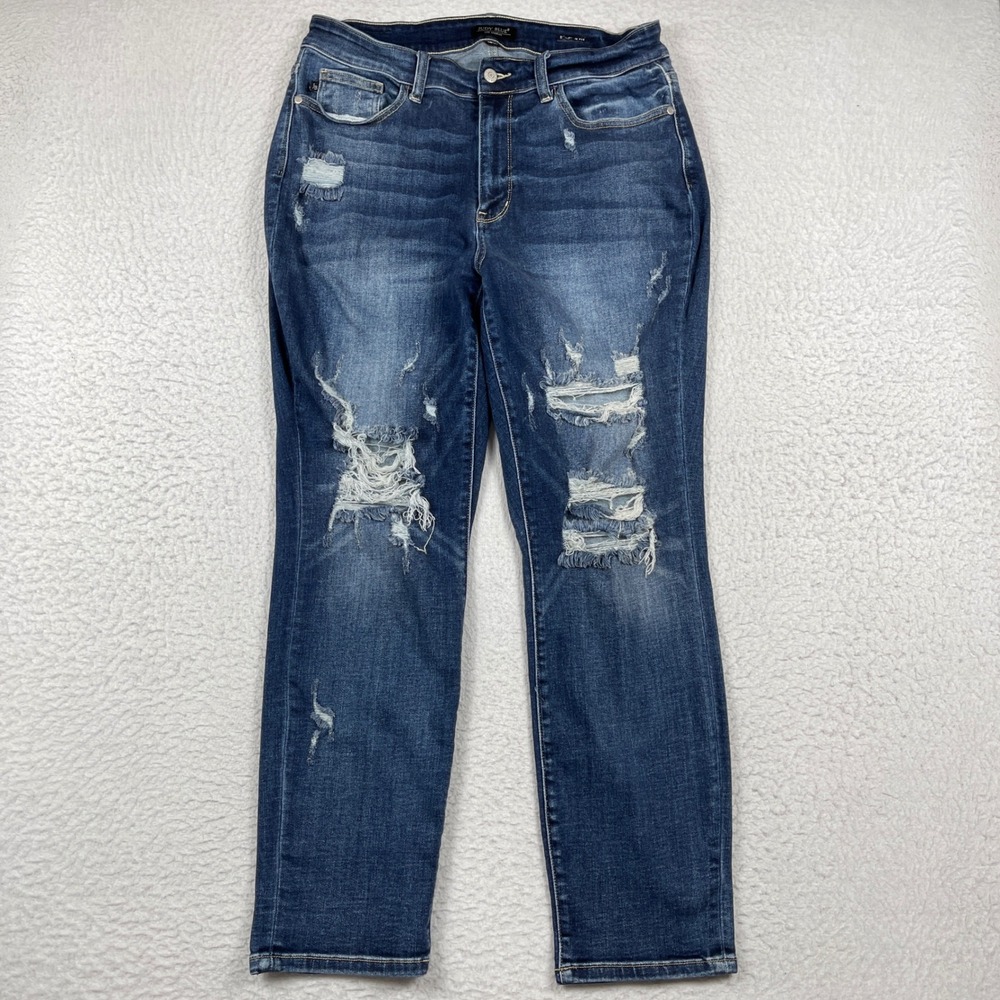 Judy Blue Boyfriend Jeans Women 16W Blue Distress Ripped Denim Stretch High Rise